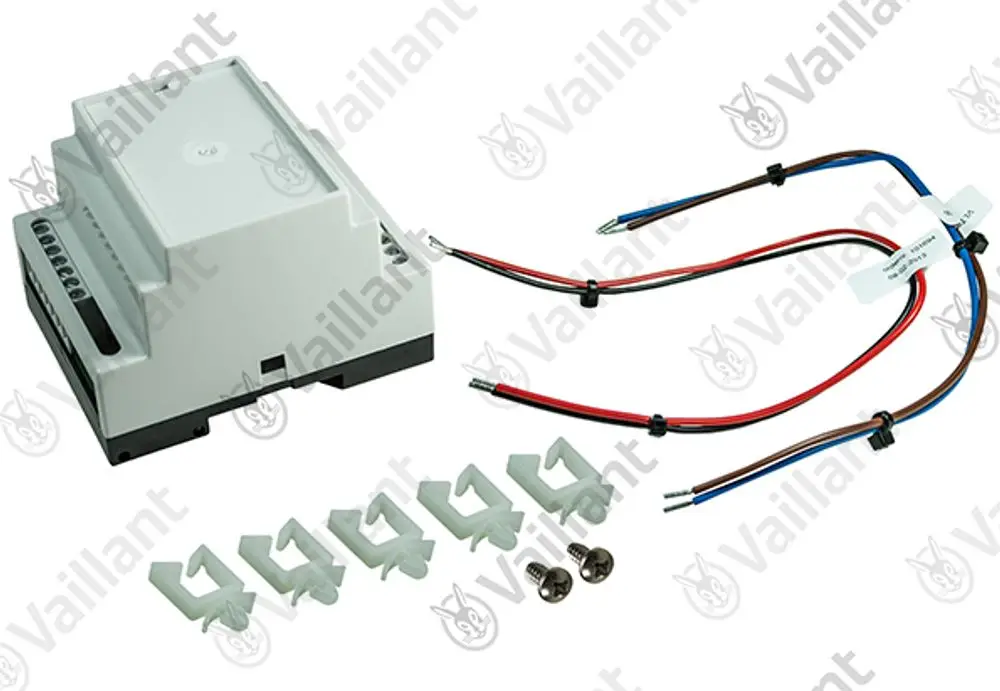 Vaillant Elektronikkomponente mit Anschlusskabeln und Befestigungselementen, bestehend aus einem Gehäuse, zwei Kabeln und mehreren Clips sowie Schrauben.